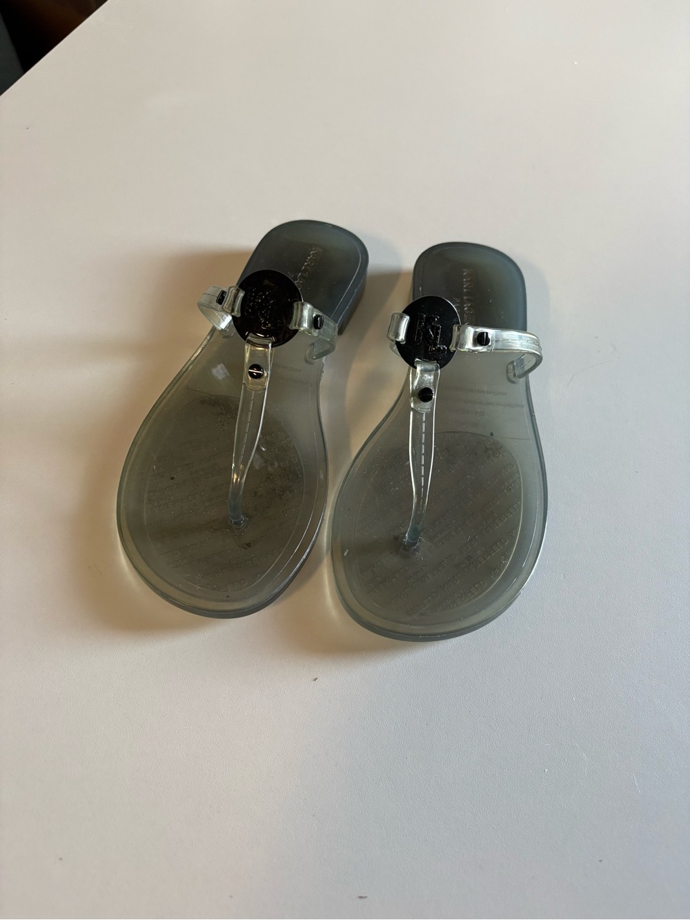 Karl Lagerfeld Clear Gray Jelly Thong Sandals with Black Logo Accent